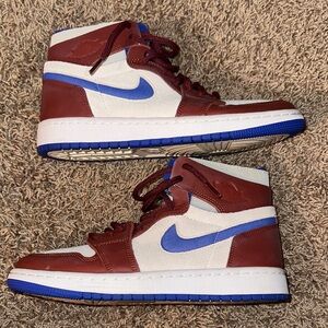 Nike air burnt orange blue and white high top sneaker